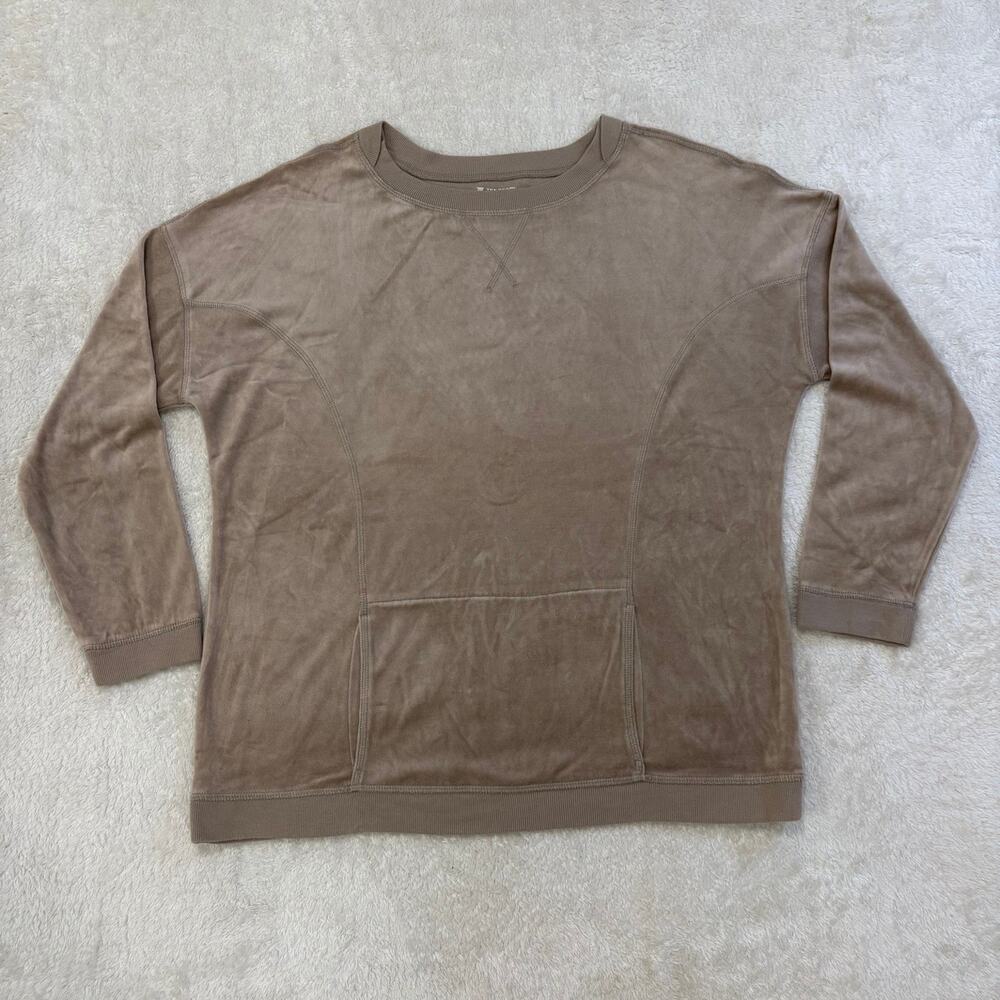 Tek Gear Womens XL Taupe Velour Crewneck Sweatshirt Kangaroo Pocket Y2K